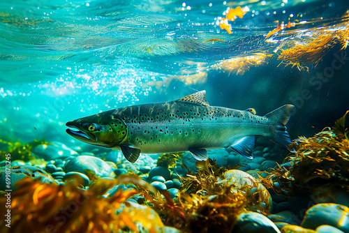 Salmon swimming in clear underwater scenery with sunlight. 