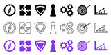 Collection of vector icons for business strategy – Set of flat and line icons – Compass, puzzle pieces, shield, pawn, gears, target, and analytics