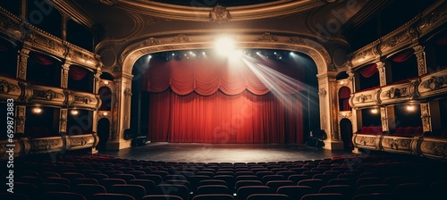 Elegant blurred bokeh effect of broadway theater stage with grand curtain and sparkling chandeliers