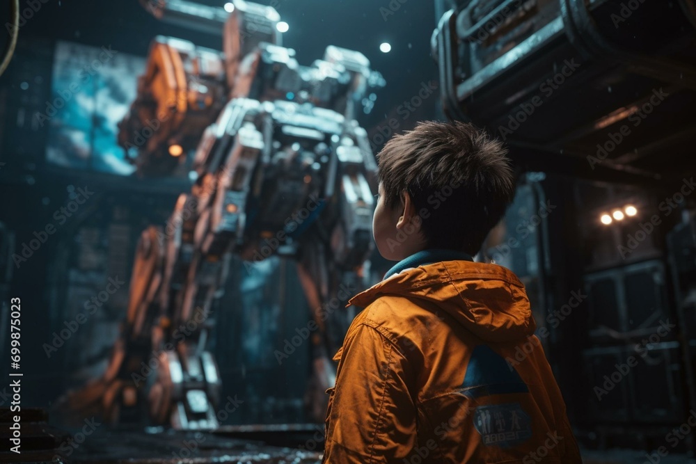 A child looks up at a massive Gundam in a cyberpunk future. Generative AI