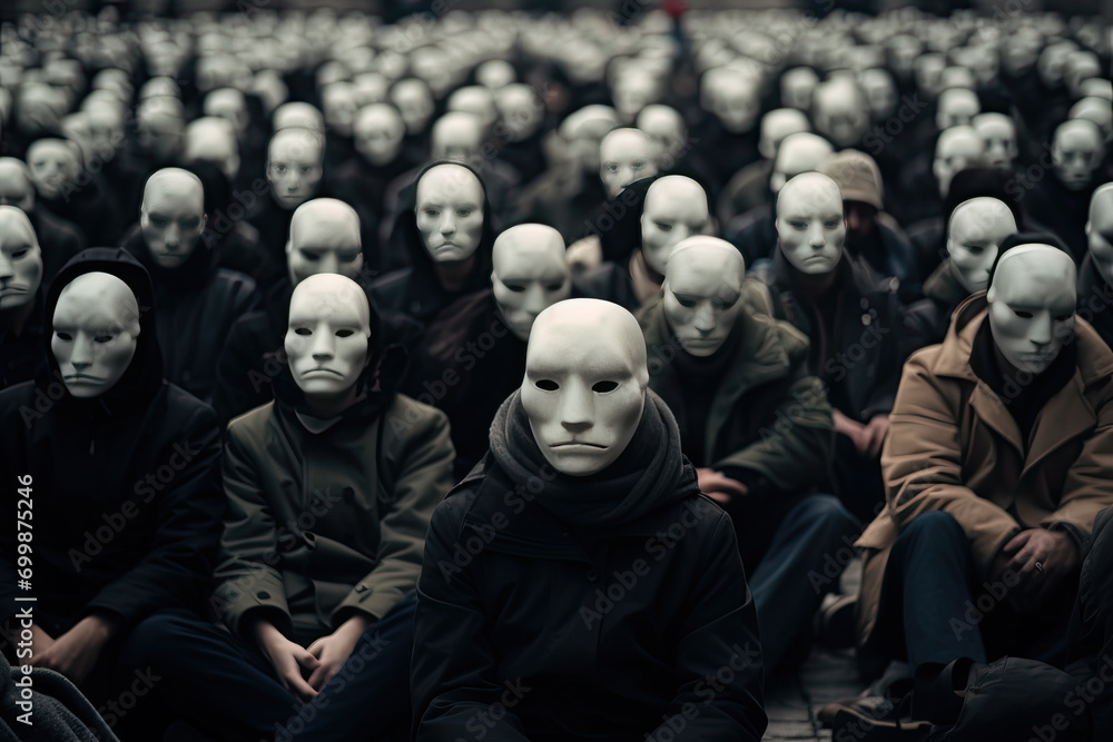 Crowd of People with Featureless Masks Conveying Anonymity and Uniformity