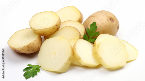 Raw Potatoes with Slices. Young potato isolated on white background. Harvest new. AI Generative