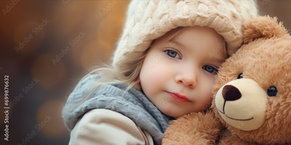 A cozy child in a knitted hat hugs a teddy bear. A cozy child in a knitted hat hugs a teddy bear.