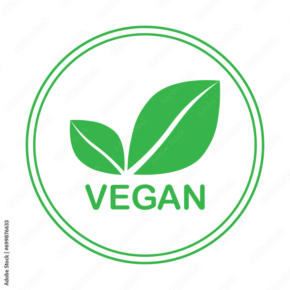 Vegan green vector icon. Organic, bio, eco symbol. Vegan, no meat, lactose free, healthy, fresh and nonviolent food. Round green vector illustration with leaves for stickers, labels, web and logos. Vegan green vector icon. Organic, bio, eco symbol. Vegan, no meat, lactose free, healthy, fresh and nonviolent food. Round green vector illustration with leaves for stickers, labels, web and logos.