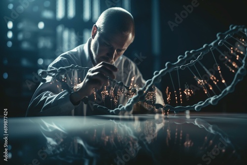 Illustration of scientist manipulating a DNA strand. Focuses on genomic research. Generative AI photo