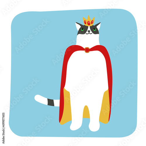 The white cat in the crown. Funny animal. Cat is a prince in a red cape. Flat. Vector illustration. 