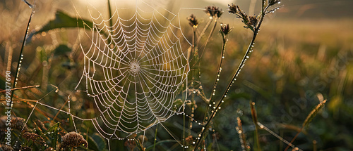 Early morning light on a beautiful spider’s web with dew in a golden flower field 