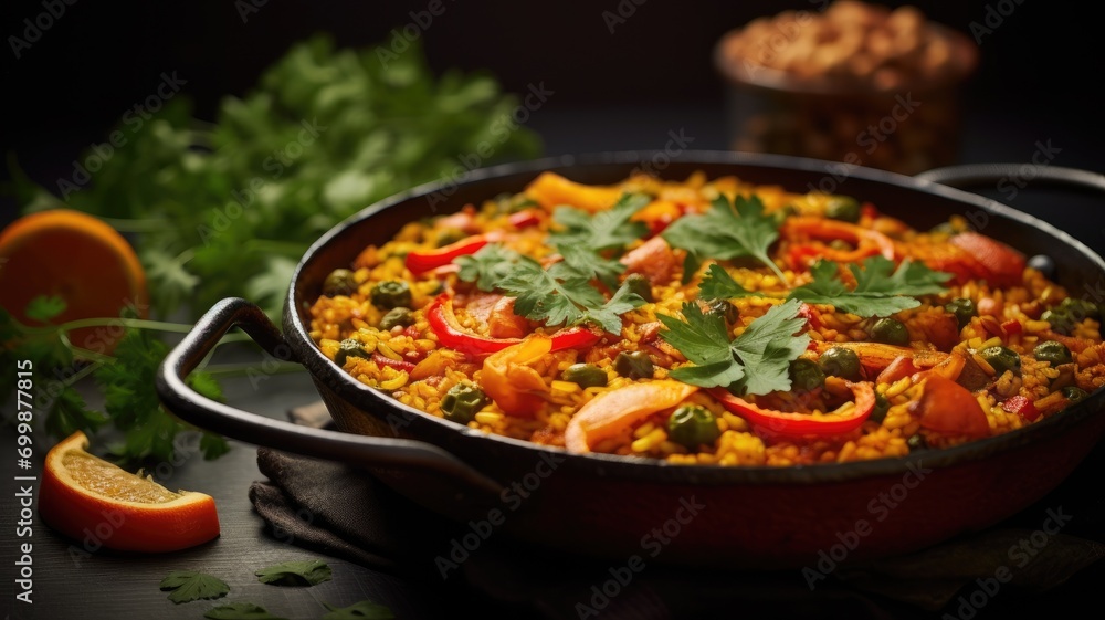Hearty paella with vibrant vegetables and herbs in a skillet