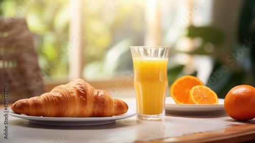 Croissant and glass of orange juice on a sunny table