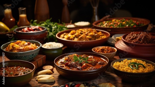 Assorted dishes of traditional food in a festive setting