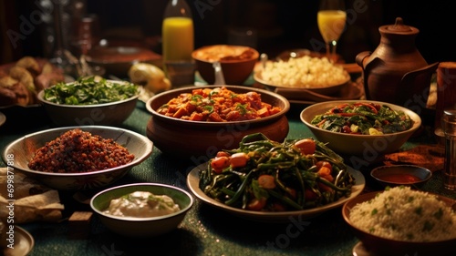Diverse spread of Indian dishes and drinks on a festive table photo