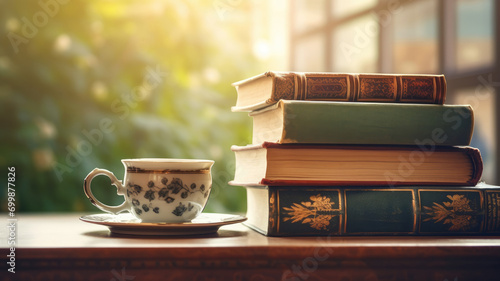 Classic teacup beside a stack of ornate books in warm light