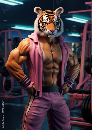 Cartoon tiger in the gym, AI