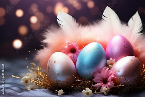 Holiday bliss Enchanting Easter scene with eggs, feathers, and glitter