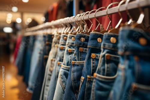 Clothing store elegance Denim jeans on hangers in retail display photo