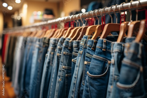 Jeans showcase Denim pants hanging on rack, fashion retail photo