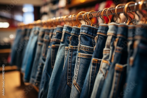 Jeans showcase Denim pants hanging on rack, fashion retail photo