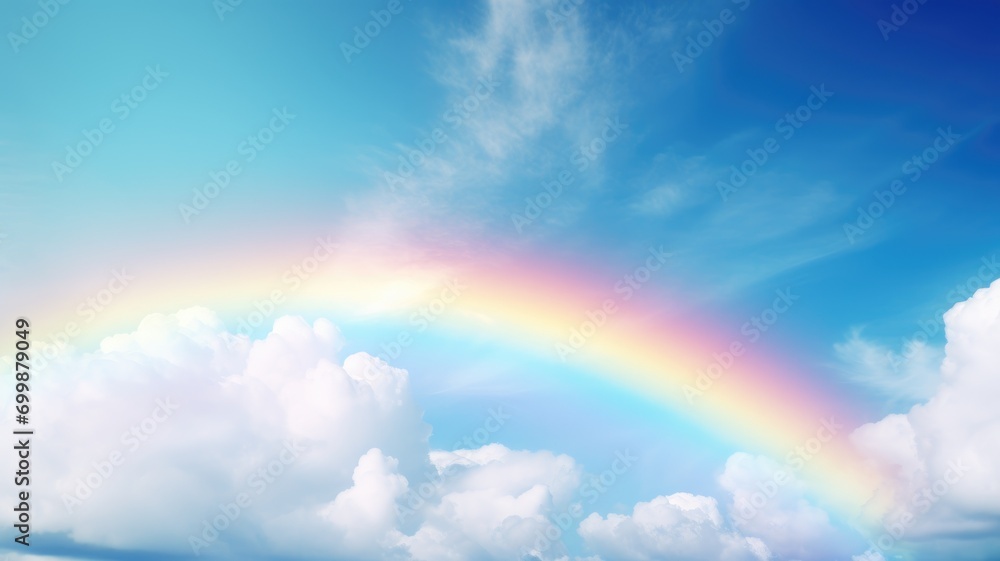 A radiant rainbow arching across a cloudy sky