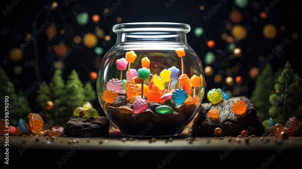Candy-filled glass jar with bokeh lights and miniature trees