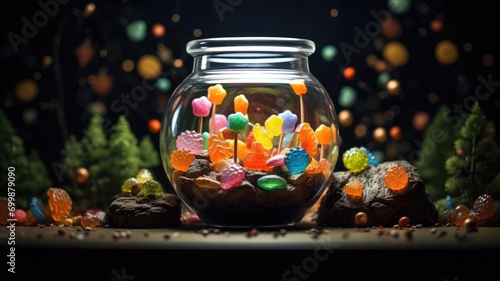 Candy-filled glass jar with bokeh lights and miniature trees