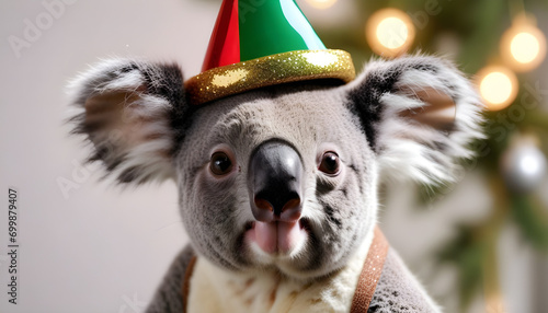 A koala wearing a australia theme festive hat. Cute holiday season animal created with generative ai 