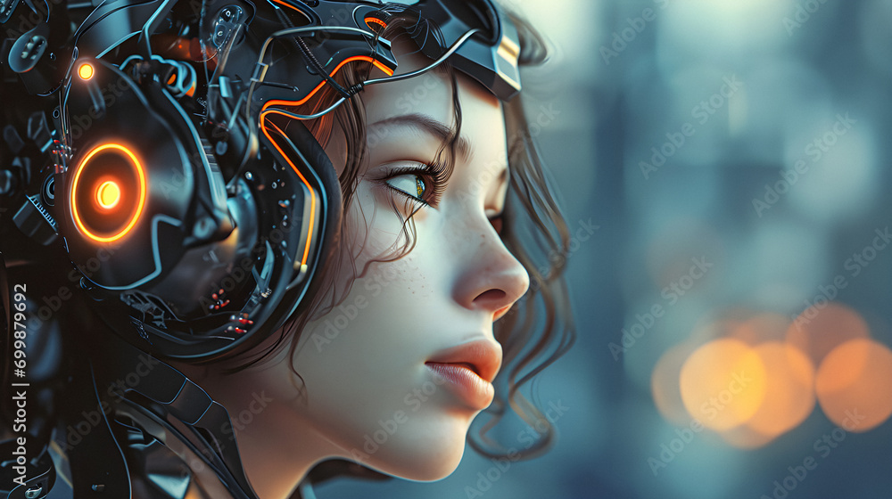 Cute Young Girl Listens to Music In the Future, Cyberpunk Style - Generative Ai