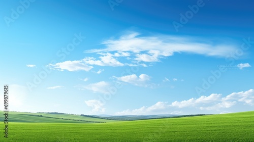 A vibrant green field under a clear blue sky