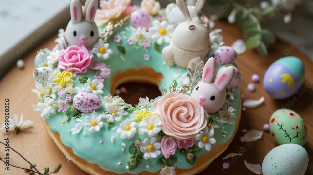 A decorated doughnut with bunnies, eggs, and flowers