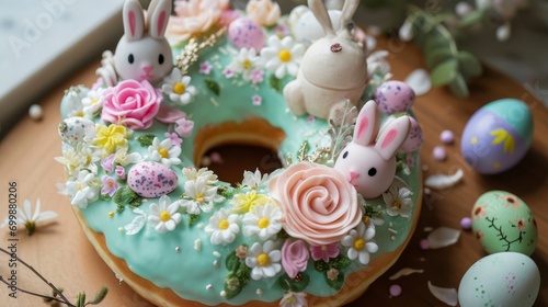A decorated doughnut with bunnies, eggs, and flowers