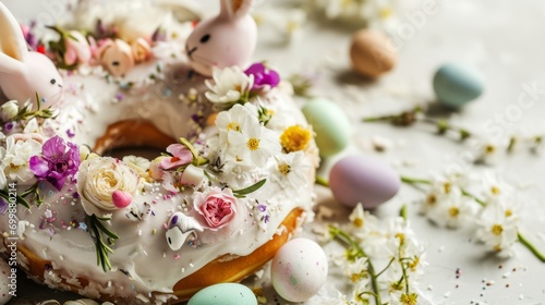 A decorated doughnut with bunnies  eggs  and flowers