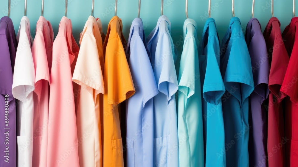 Pastel colored shirts hanging on a rack Pastel colored shirts hanging on a rack