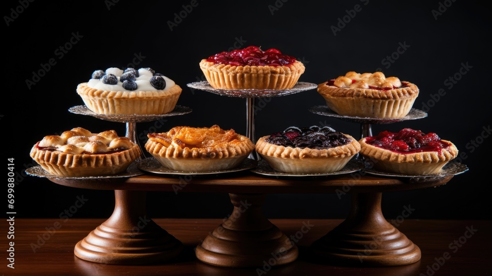 Assorted fruit tarts displayed on a tiered stand Assorted fruit tarts displayed on a tiered stand