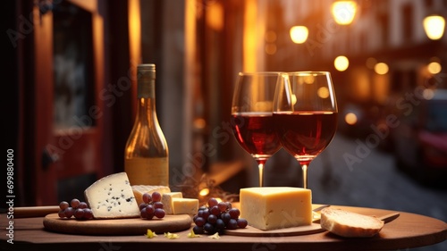 Wine and cheese platter on a table with evening street background