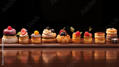 Row of exquisite mini pastries on a wooden board