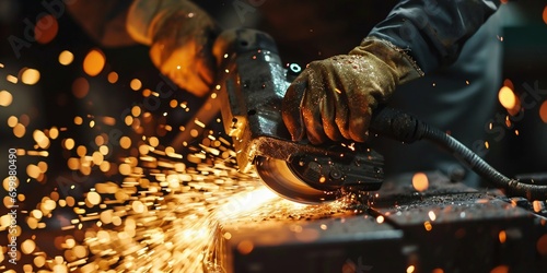 Industrial Worker Cutting Metal with Grinder in Workshop. Generative ai © Scrudje