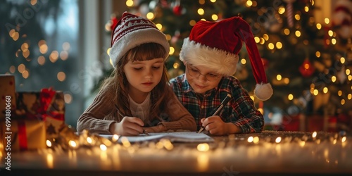 Children Writing Christmas Letters by Tree Lights. Generative ai
