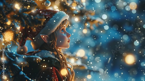 an elf looks dreamily upwards in a wintery, christmas scenario