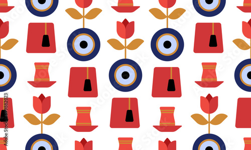 Seamless pattern cute Turkish evil eye, tulip, tea in a glass and Turkish red hat fez