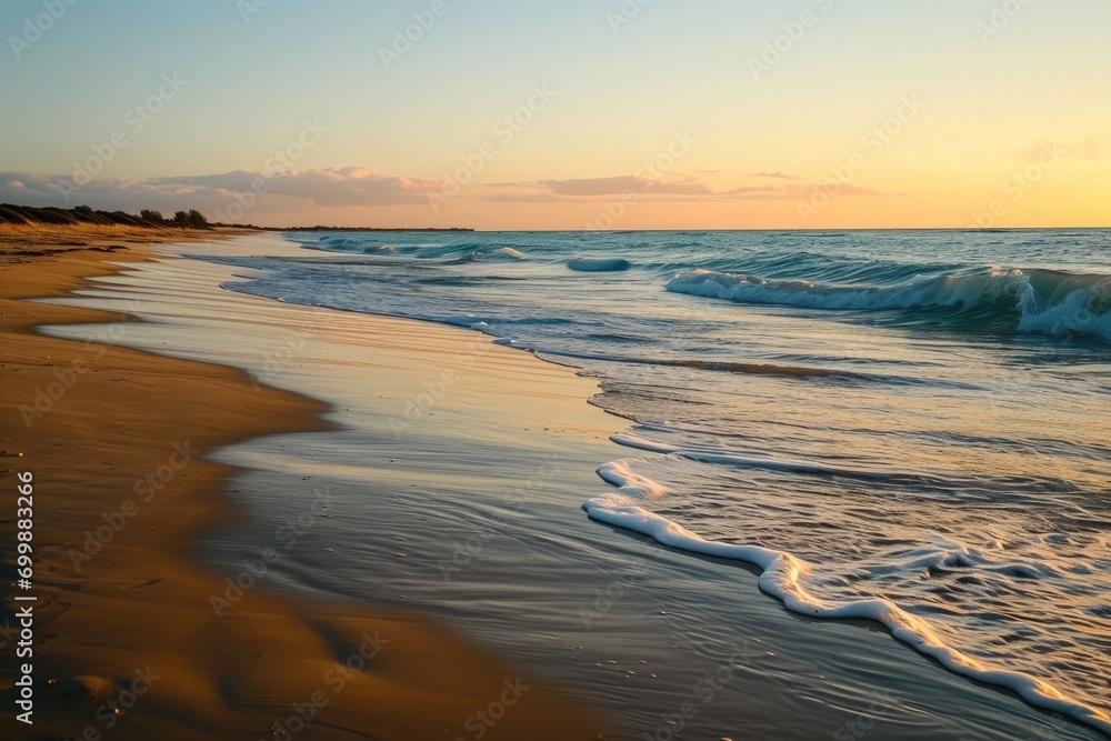 A serene and beautiful beach at sunrise, with calm waves, golden sand, and a peaceful, empty shoreline.