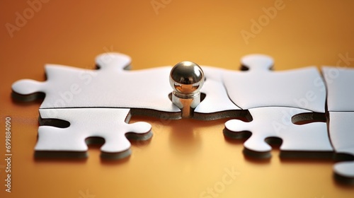 A closeup of two puzzle pieces, one with a missing corner and the other with an extra edge, symbolizing how two people complete each other and fill in each others missing pieces. photo