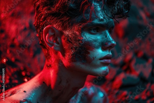 Artistic male model in a creative photoshoot, abstract and avant-garde style