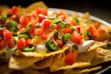 An enticing topdown shot of delectable nachos, featuring a colorful medley of fresh diced tomatoes, vibrant green onions, and fragrant minced jalape os all harmoniously nestled on a bed