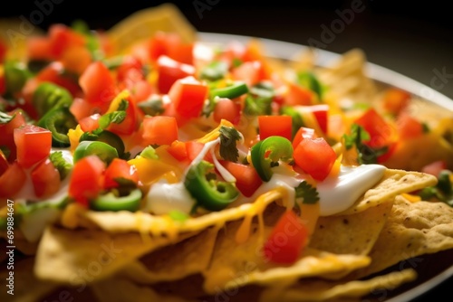 An enticing topdown shot of delectable nachos, featuring a colorful medley of fresh diced tomatoes, vibrant green onions, and fragrant minced jalape os all harmoniously nestled on a bed