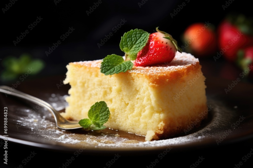 The Japanese cheesecake sits regally on a porcelain platter, its golden crust glistening under the soft lighting. A fork glides effortlessly through the cake, revealing its airy crumb and The Japanese cheesecake sits regally on a porcelain platter, its golden crust glistening under the soft lighting. A fork glides effortlessly through the cake, revealing its airy crumb and