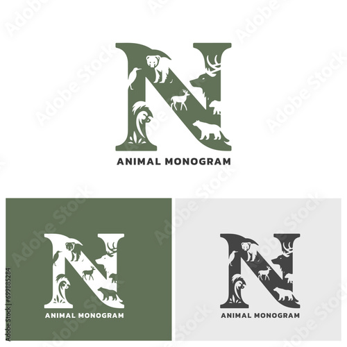 Letter n monogram logo with animal theme suitable for nature and animal lovers green color