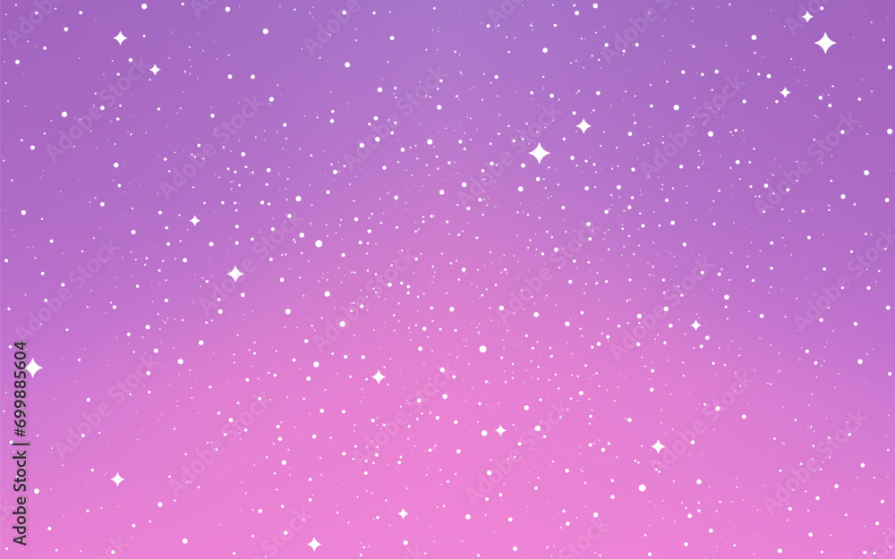 Flat cosmos. Purple background with white stars. Cute space background. Cartoon universe. Color cosmic poster. Sky wallpaper with flat stars. Vector illustration