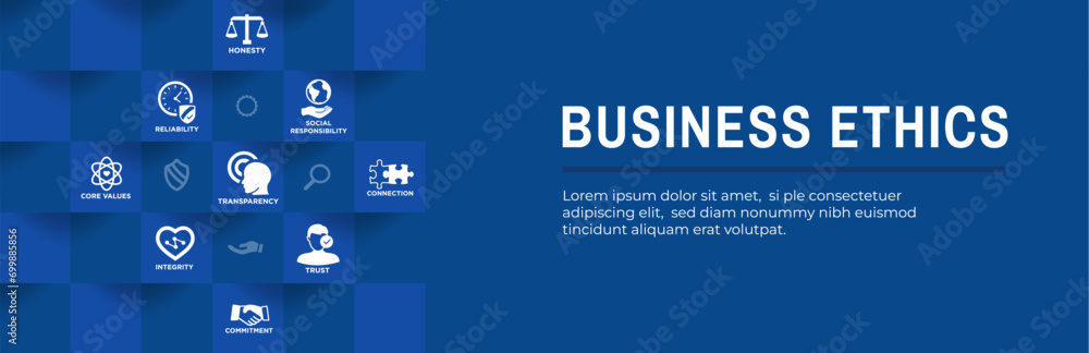 Business Ethics Web Header Banner with Values and Integrity Icons Business Ethics Web Header Banner with Values and Integrity Icons