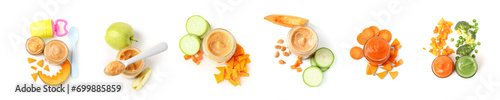 Collage of healthy baby food in jars on white background, top view photo