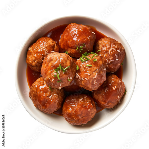 Top view of meat meatballs in a white plate isolated on transparent background