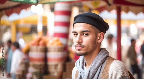 Moroccan young adult walking through a local market on the outskirts of the city on a defocused background. People and cultures. Close-up view.